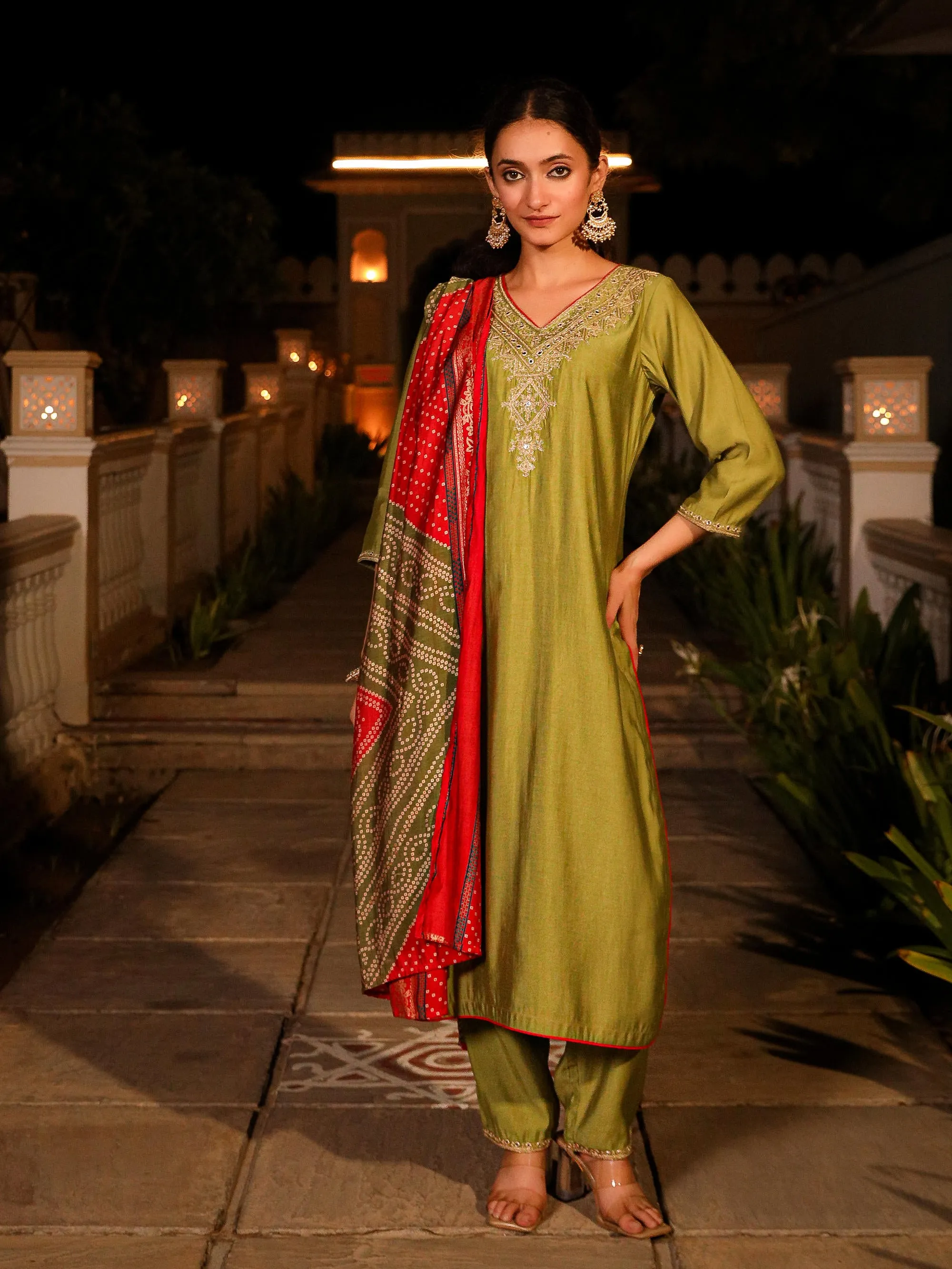 The Swarn Green Zari Embroidered Viscose Kurta Pant And Dupatta With Mirror Work