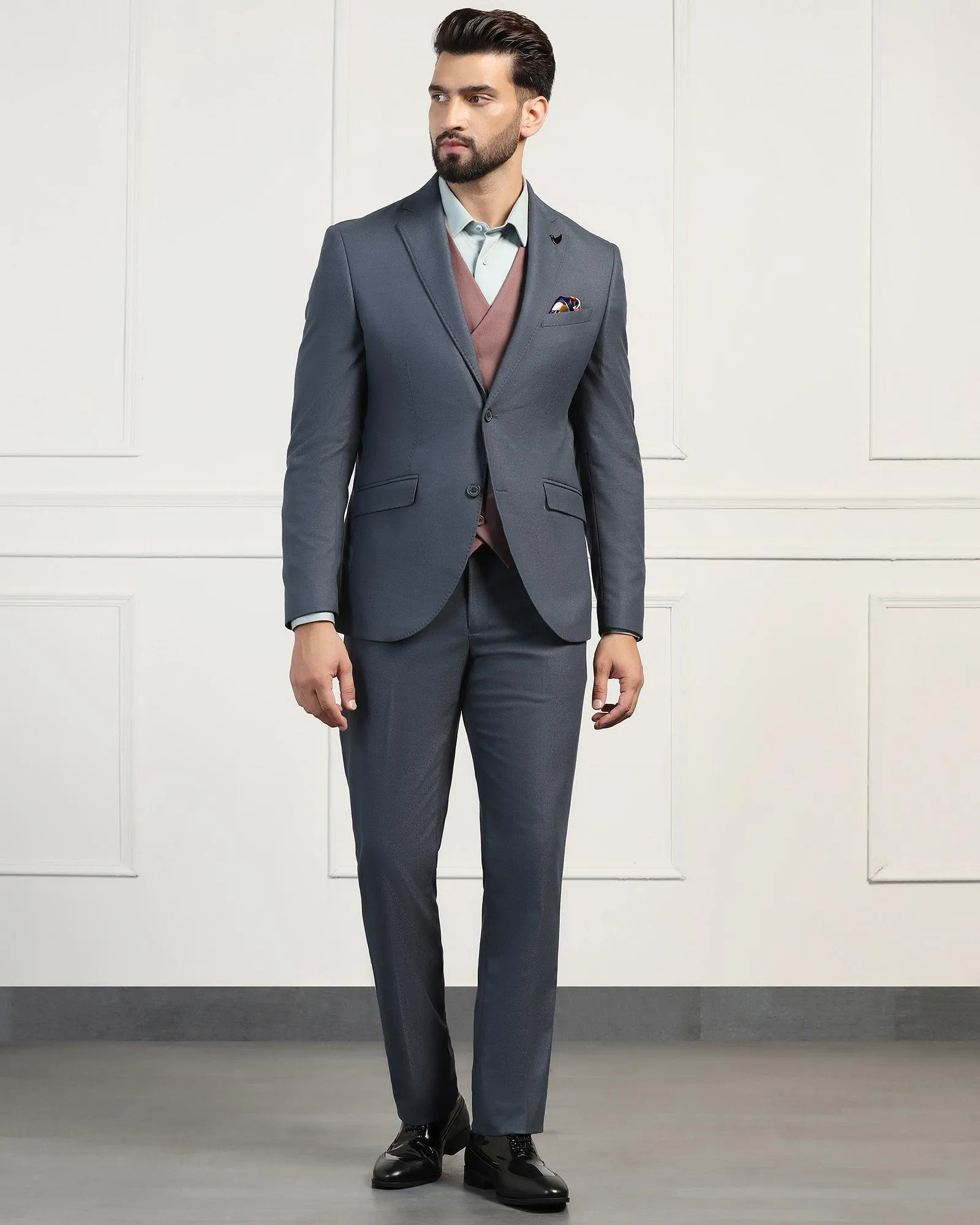 Three Piece Blue Textured Formal Suit - Donnie