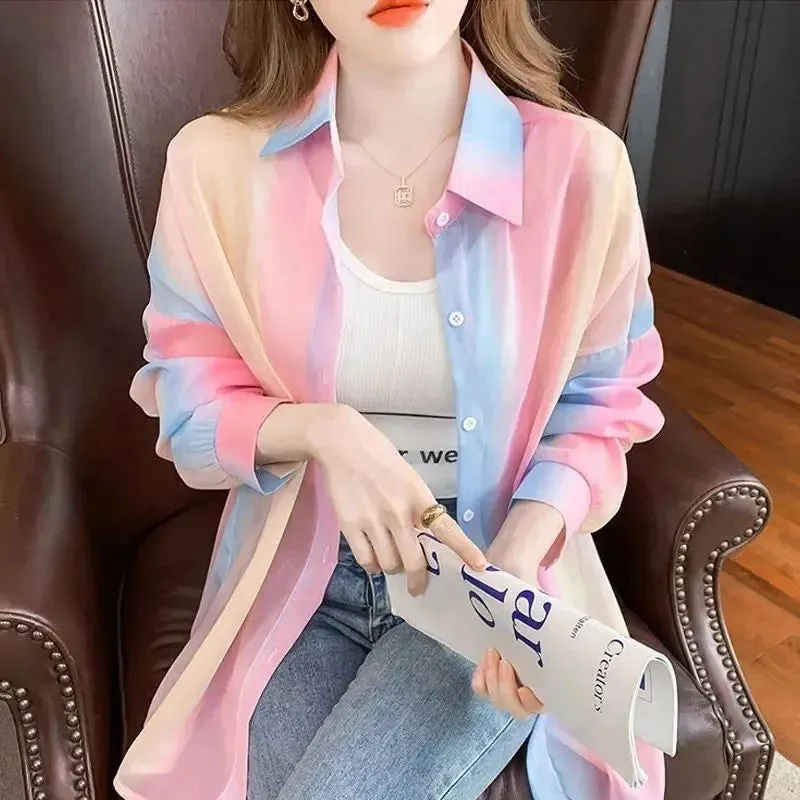 Turn-down Neck Long Sleeved Shirt And Blouses Gradient Rainbow Color See-through Thin Women Clothing Loose Top Shirt Casual New