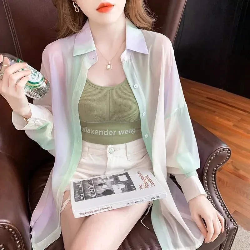 Turn-down Neck Long Sleeved Shirt And Blouses Gradient Rainbow Color See-through Thin Women Clothing Loose Top Shirt Casual New