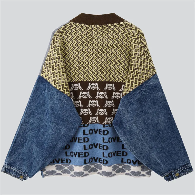 V Neck Denim Patchwork Sweater