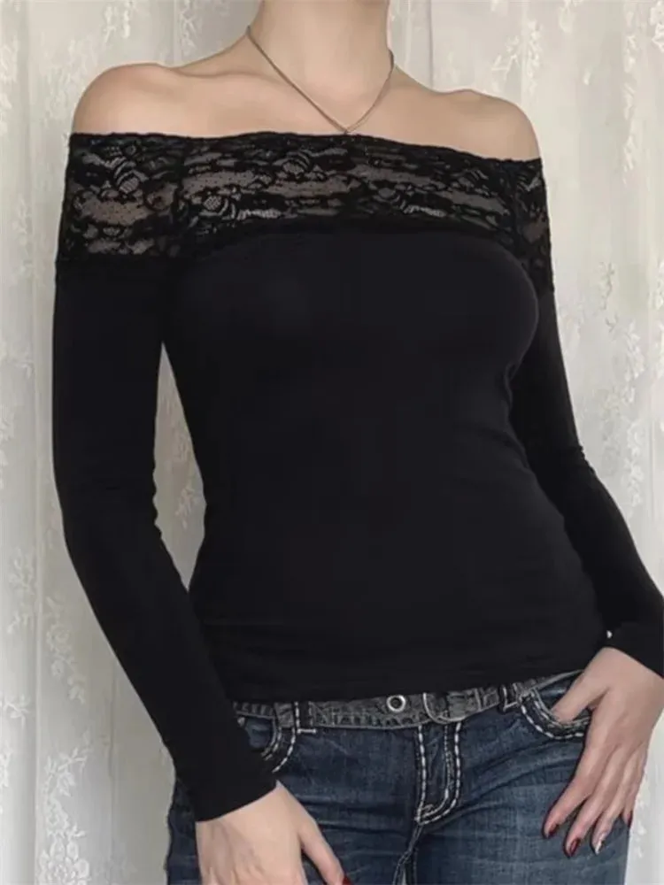 Vintage Lace Patchwork Cropped Off Shoulder Long Sleeve Slim Fit Party T-shirts