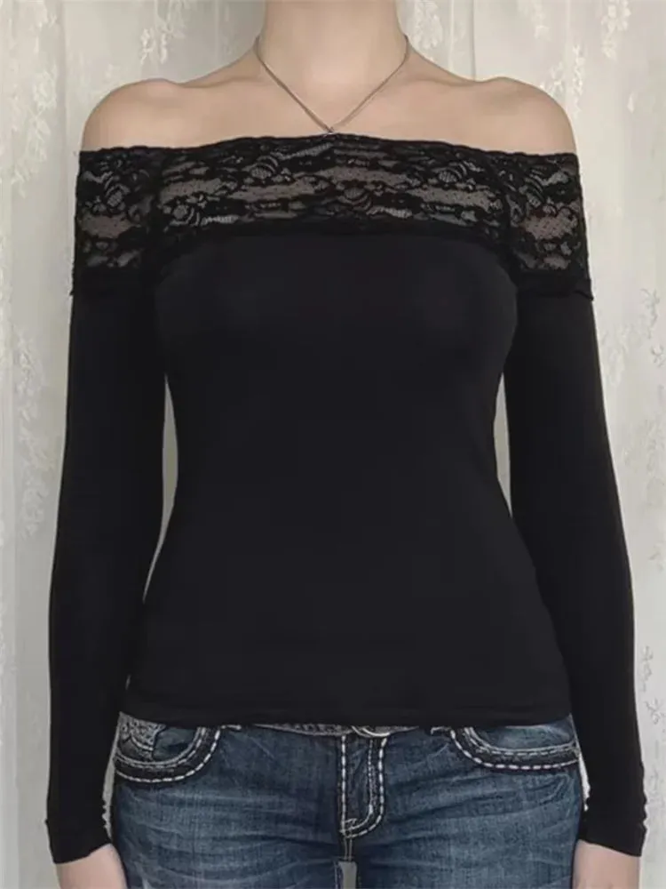 Vintage Lace Patchwork Cropped Off Shoulder Long Sleeve Slim Fit Party T-shirts