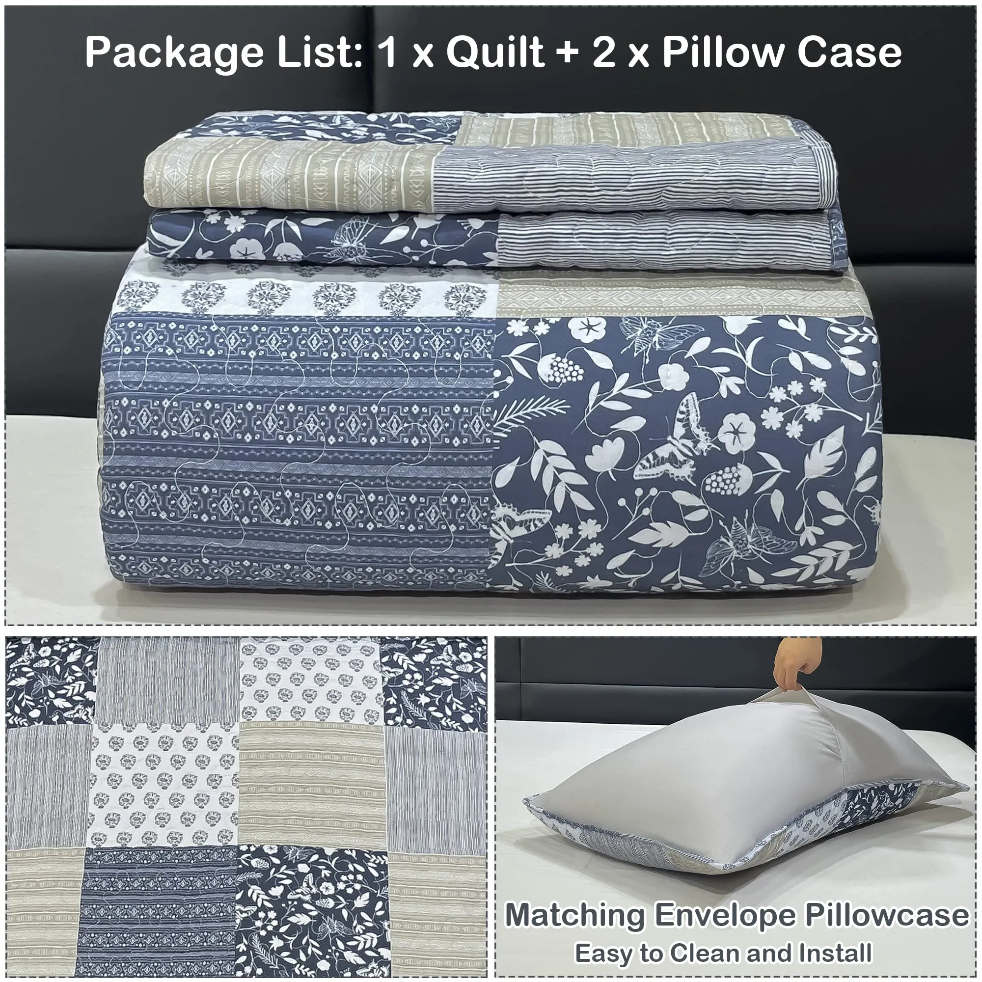 VIVILINEN King Size Quilt Set Grey Floral Quilted Bedspread Coverlet Set 3-Piece Lightweight Reversible Stitched Comforter Bedding Set Bed Sheet Cover Blanket with 2 Pillow Shams