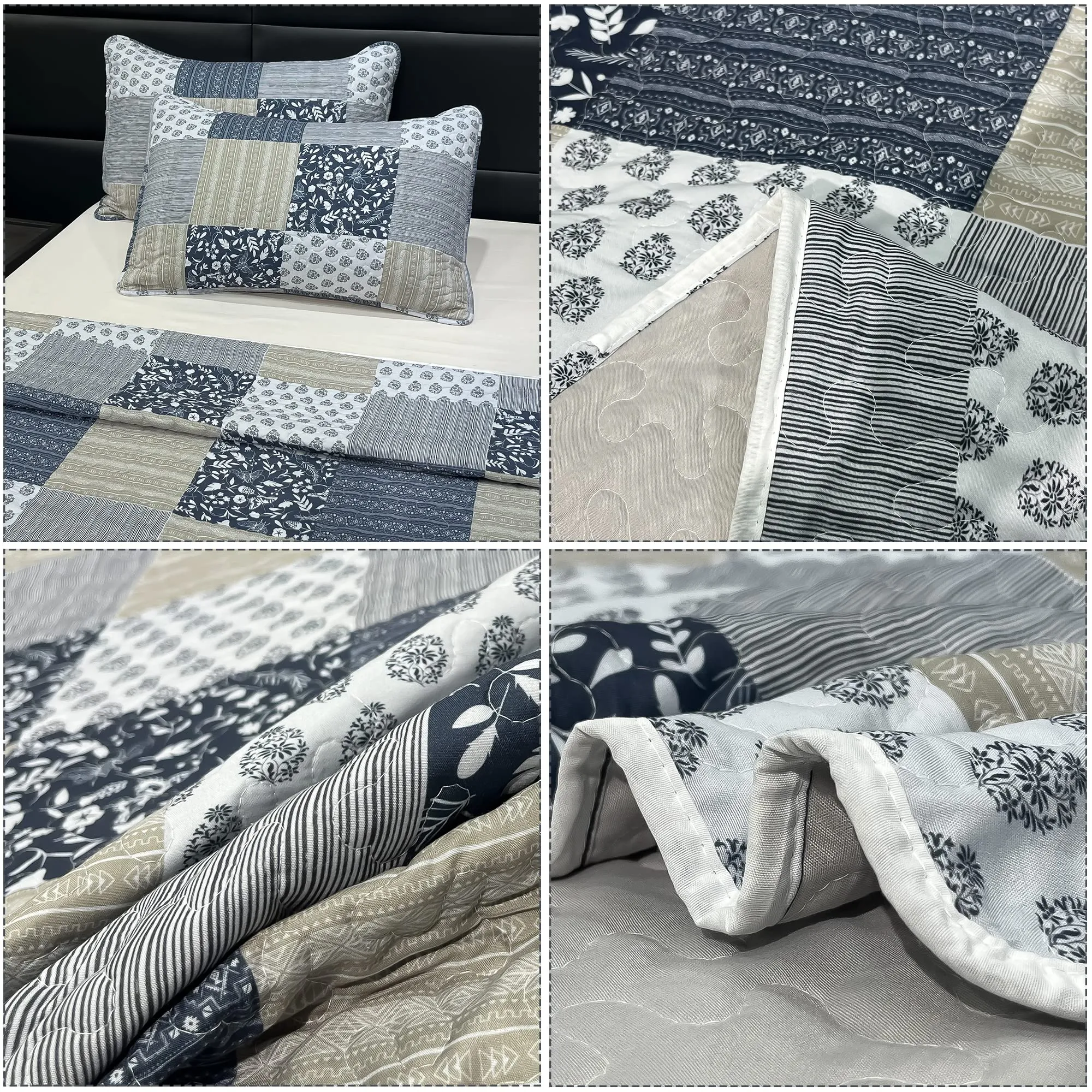 VIVILINEN King Size Quilt Set Grey Floral Quilted Bedspread Coverlet Set 3-Piece Lightweight Reversible Stitched Comforter Bedding Set Bed Sheet Cover Blanket with 2 Pillow Shams