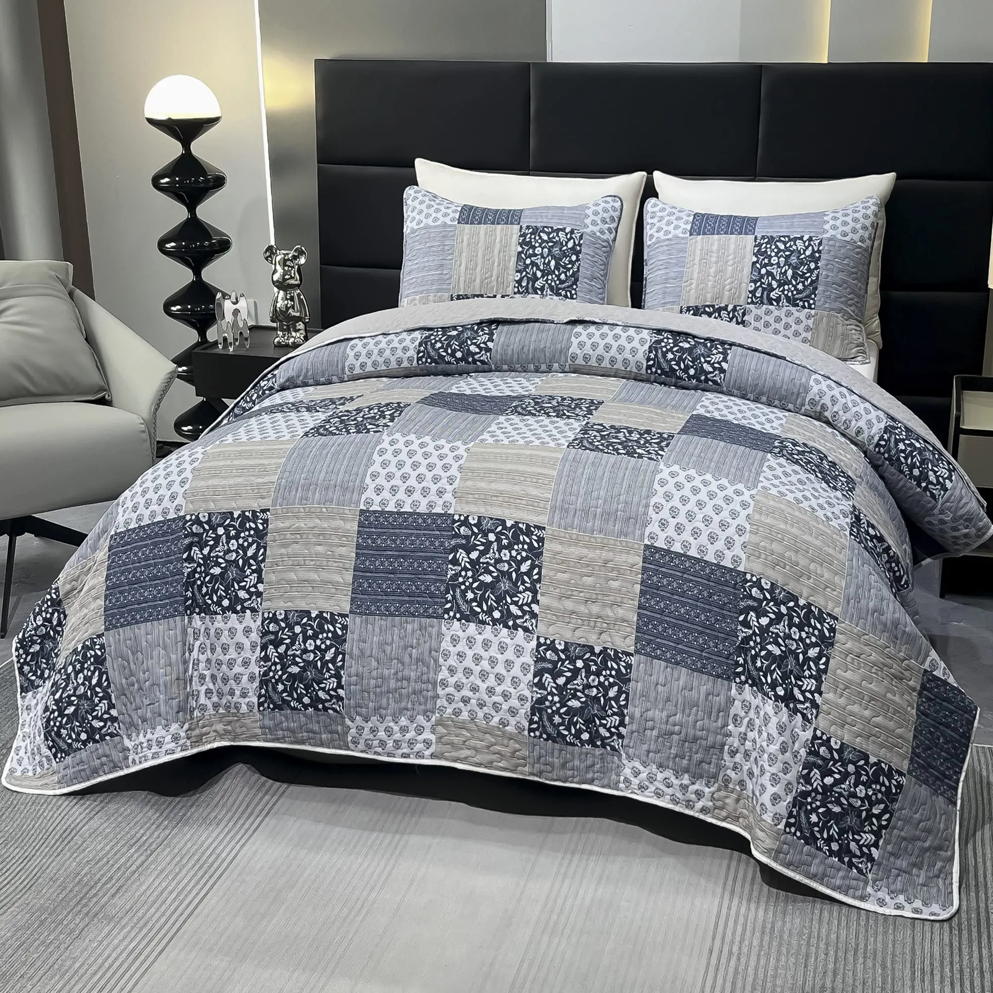 VIVILINEN King Size Quilt Set Grey Floral Quilted Bedspread Coverlet Set 3-Piece Lightweight Reversible Stitched Comforter Bedding Set Bed Sheet Cover Blanket with 2 Pillow Shams