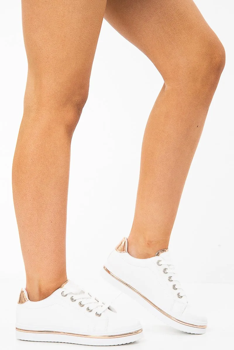 White Lace up Trainers With Rose Gold Detailing - Sandie