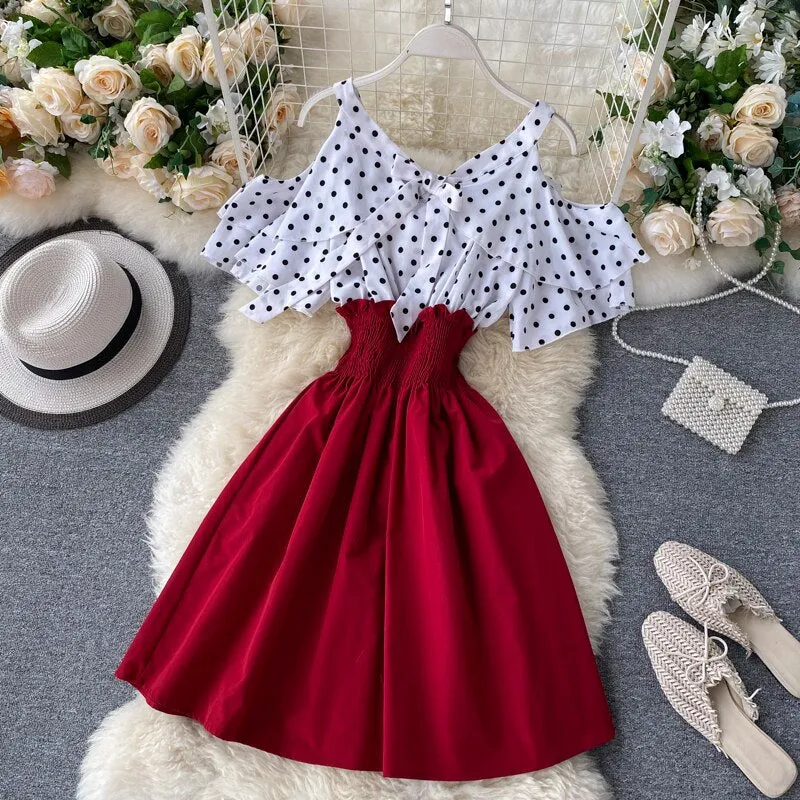 Women Dress Dot Patchwork Bow Tie V Neck Sexy Strapless Vestidos Femme Stretch High Waist A-Line Dresses