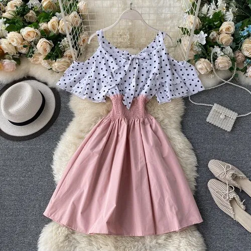 Women Dress Dot Patchwork Bow Tie V Neck Sexy Strapless Vestidos Femme Stretch High Waist A-Line Dresses