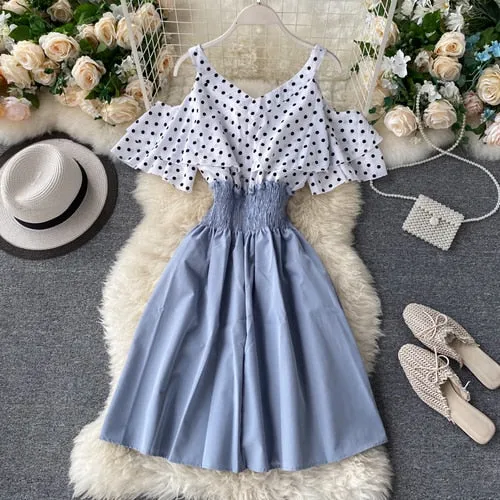 Women Dress Dot Patchwork Bow Tie V Neck Sexy Strapless Vestidos Femme Stretch High Waist A-Line Dresses