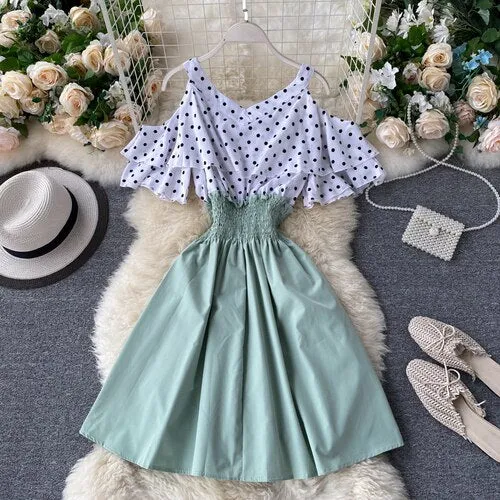 Women Dress Dot Patchwork Bow Tie V Neck Sexy Strapless Vestidos Femme Stretch High Waist A-Line Dresses