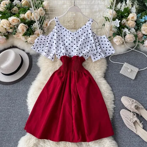 Women Dress Dot Patchwork Bow Tie V Neck Sexy Strapless Vestidos Femme Stretch High Waist A-Line Dresses