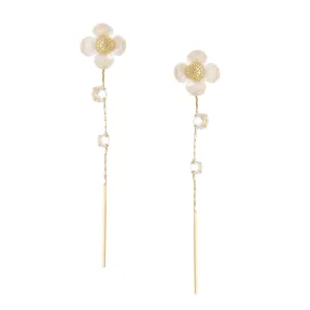 Yellow Chimes Earrings For Women Gold Tone White Color Floral Stud Linear Chain Back Drop With Crystal Studded Dangler Earrings For Women and Girls