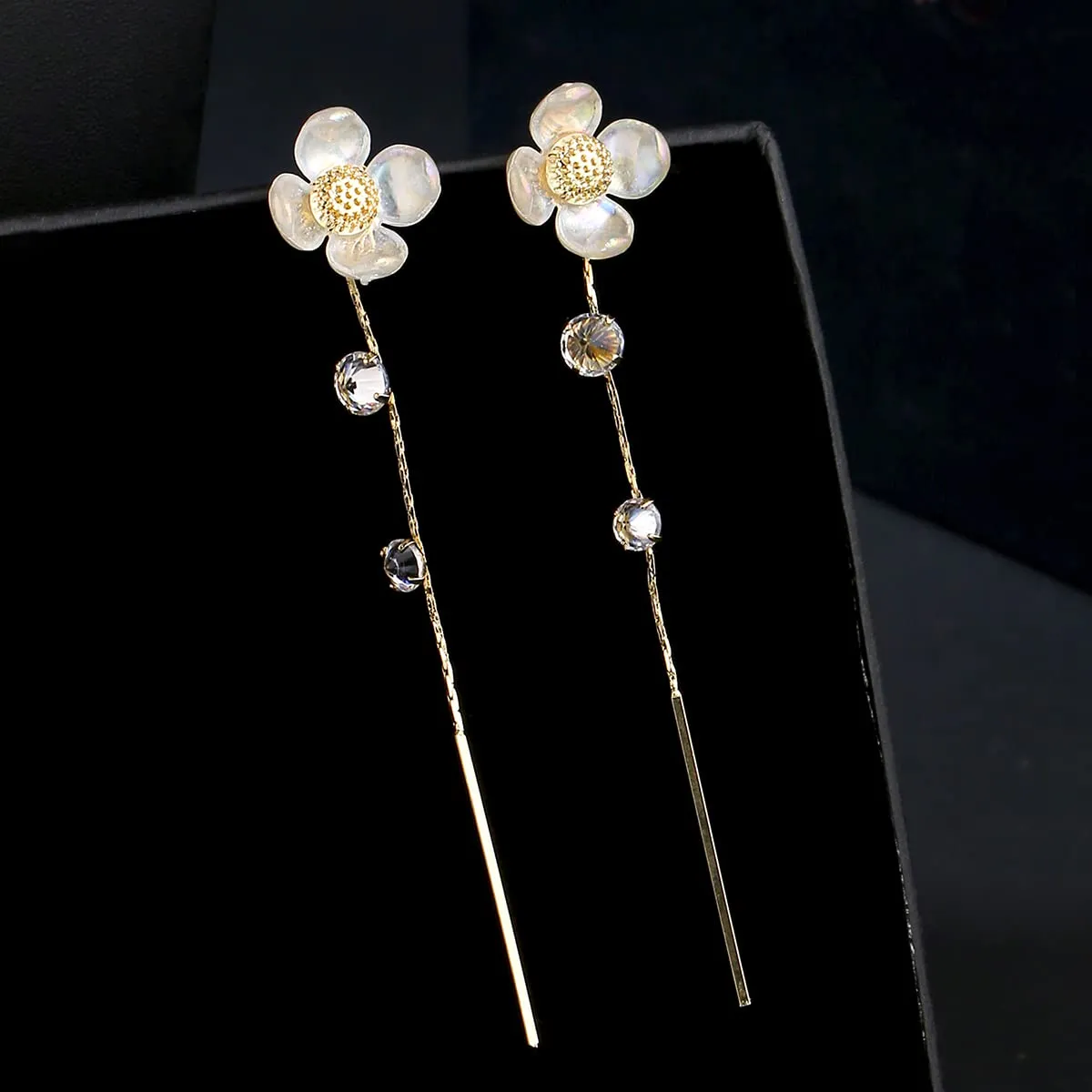 Yellow Chimes Earrings For Women Gold Tone White Color Floral Stud Linear Chain Back Drop With Crystal Studded Dangler Earrings For Women and Girls