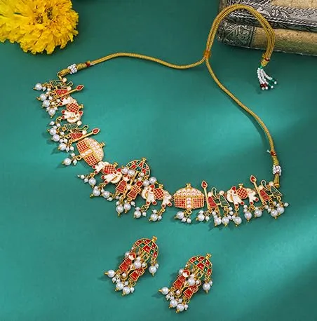 Yellow Chimes Ethnic Gold Plated Studded Kundan Green Beads Design Jewellery Set Traditional Choker Necklace Set with Earrings and maang Tikka for Women and Girls (Design 2)