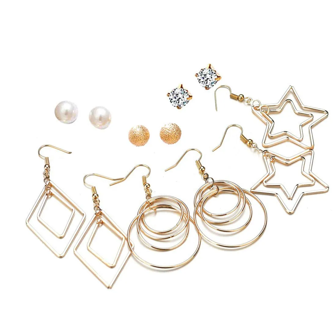 Yellow Chimes Golden Base Metal pearl Multiple Stud Earrings Big Hoop Tassel Drop Pearl Earrings for Women and Girls (Moon & Star, 6 and 9 Pairs Assorted)